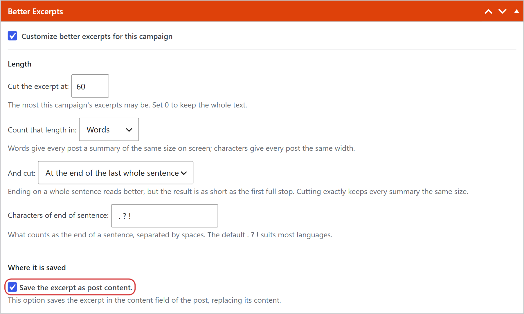 Better excerpts options with save the excerpt as post content in a wpematico campaign
