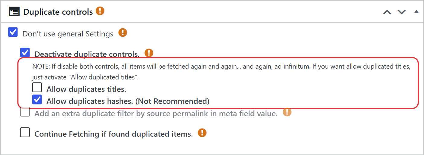 Allow duplicates hashes option in the duplicate controls box of a wpematico campaign