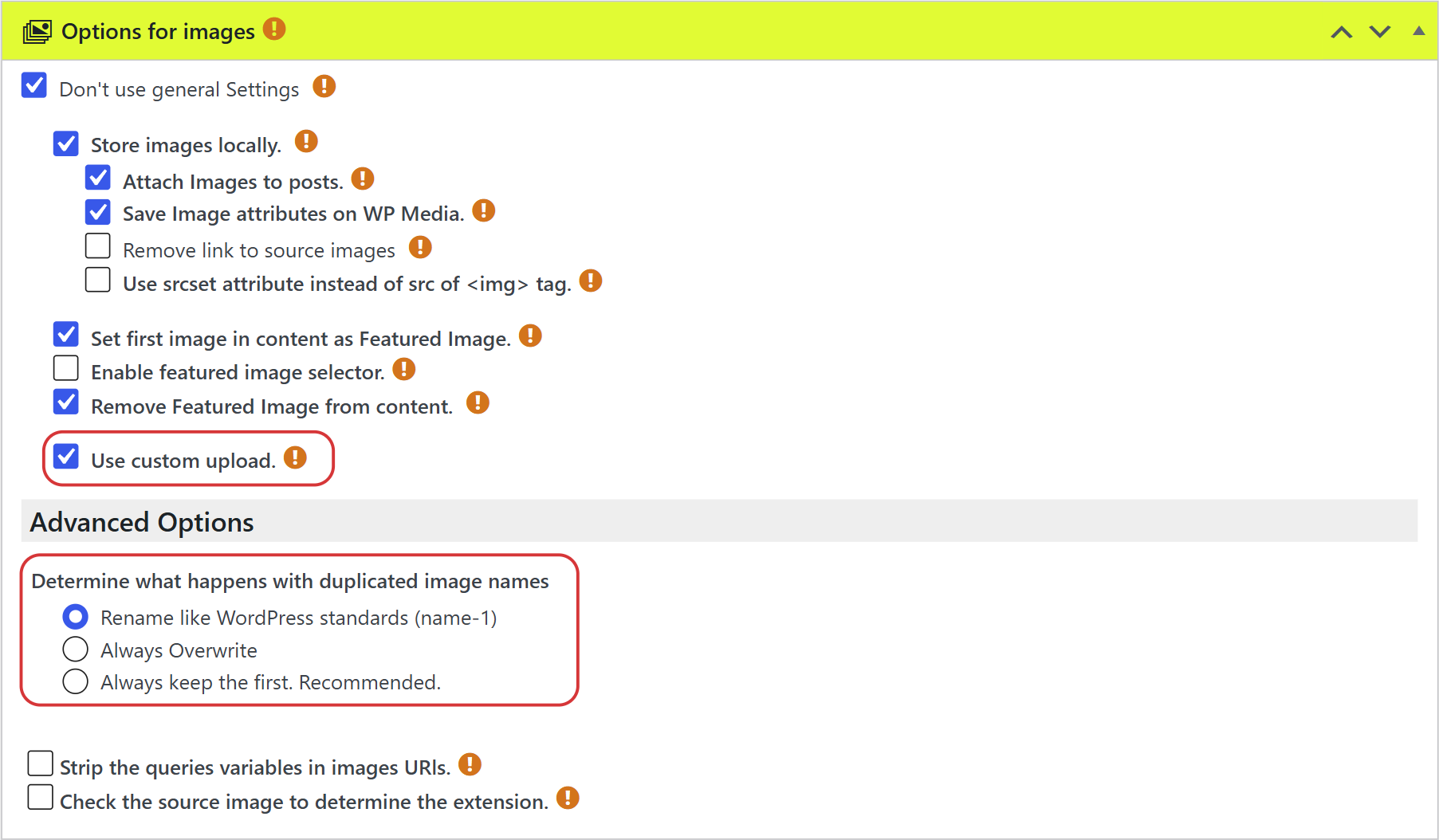 Duplicated image names option set to rename in a wpematico campaign