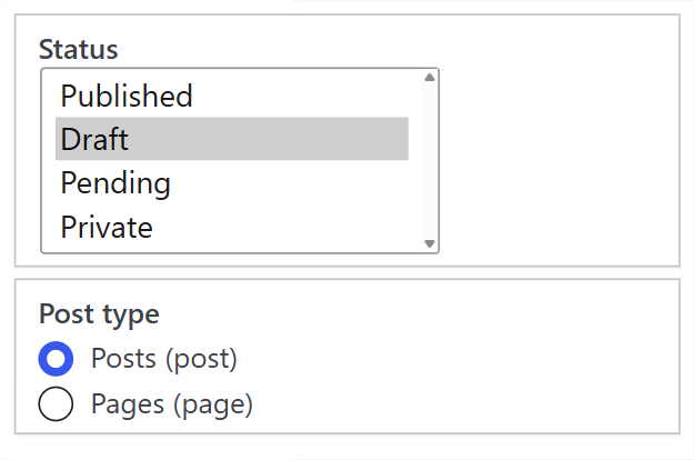 Status and post type options of a wpematico campaign
