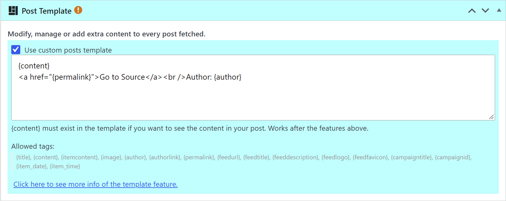 Post template box with a link to the source and the author name