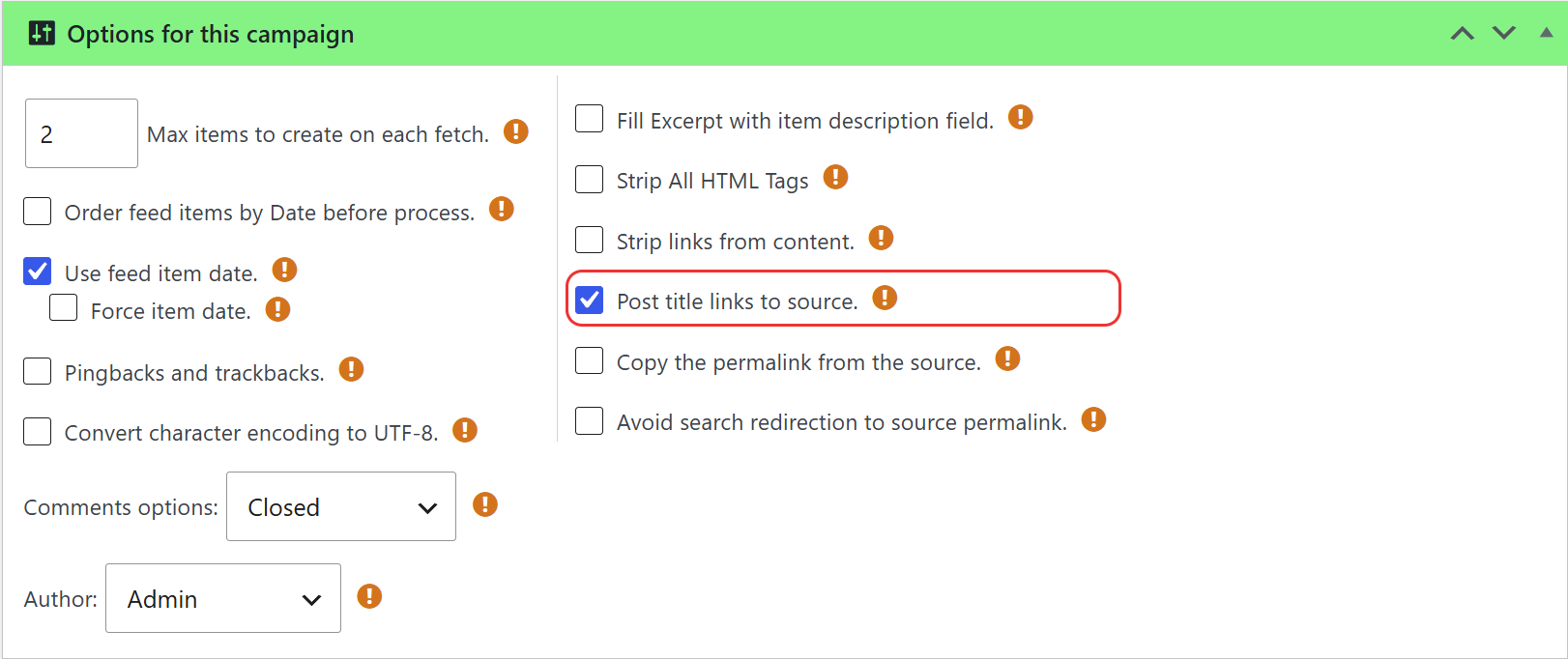 Post title links to source option inside a wpematico campaign