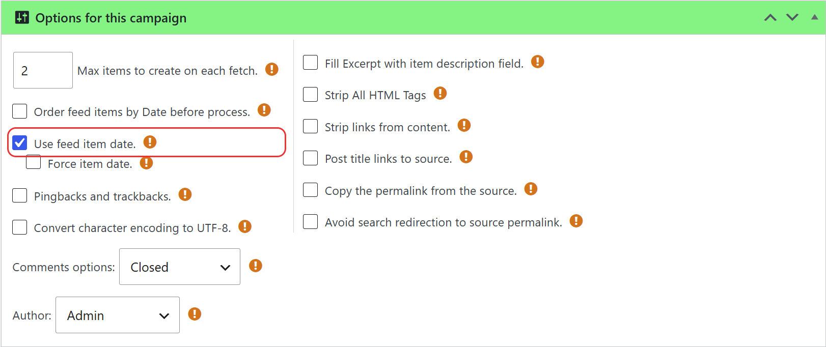 Use feed item date option inside a wpematico campaign