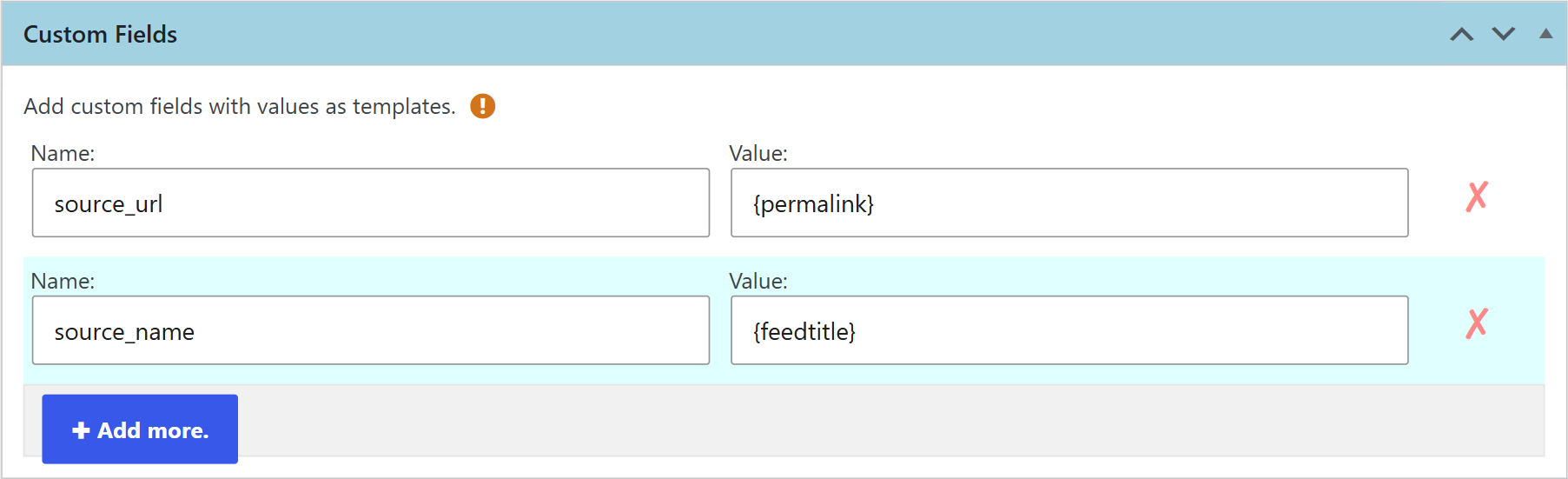 Custom fields box with example fields in a wpematico campaign