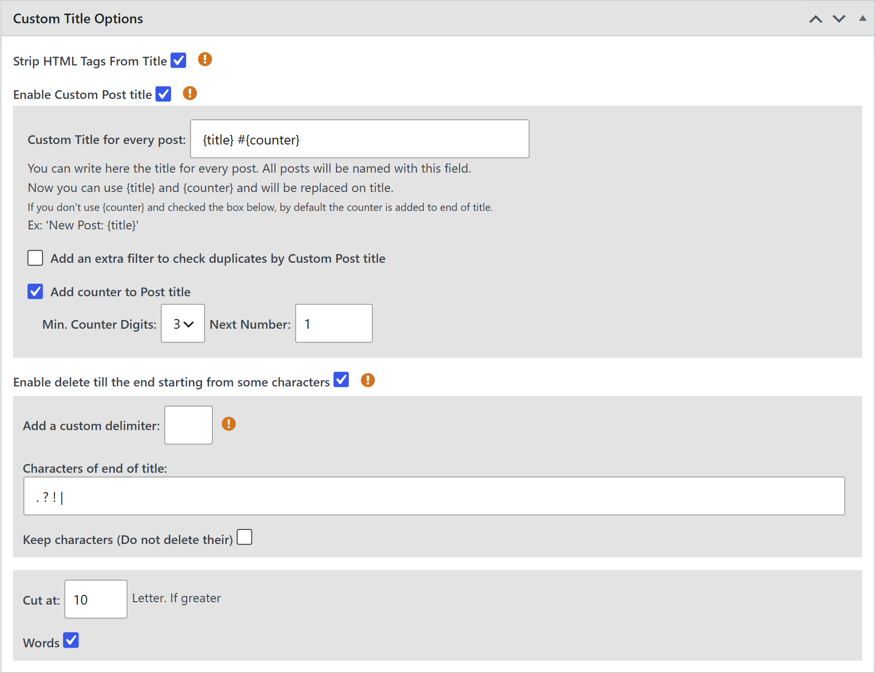 Custom title options box with all its options in a wpematico campaign