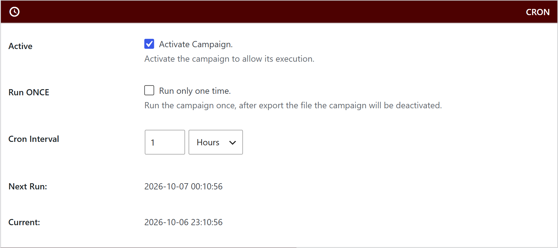 Cron box of a wpematico exporter campaign, active and running every hour