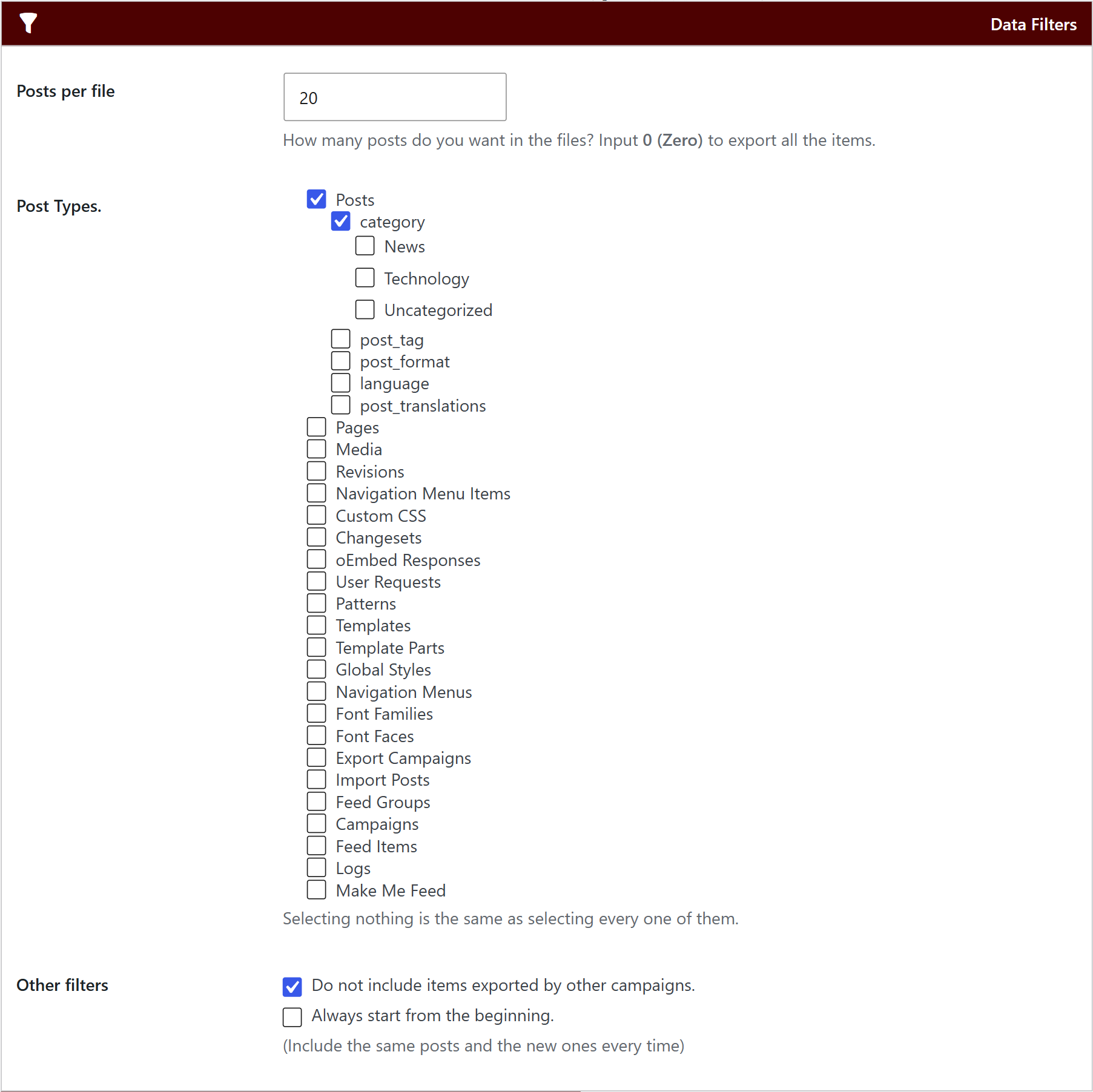 Data filters box of a wpematico exporter campaign with the posts per file, post types and other filters