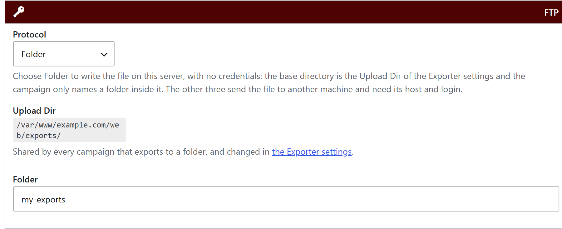 Ftp box of wpematico exporter with the folder protocol to save the files on the same server