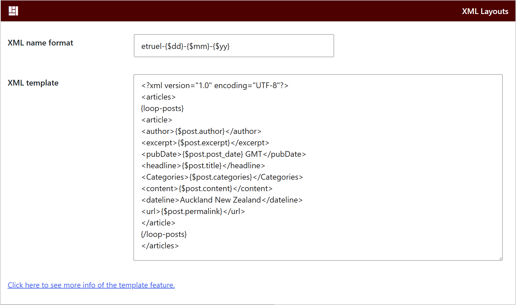 Xml layouts box of wpematico exporter with the file name format and the xml template