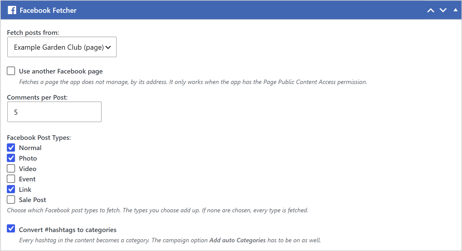 Facebook fetcher box in a wpematico campaign with an example page and post types