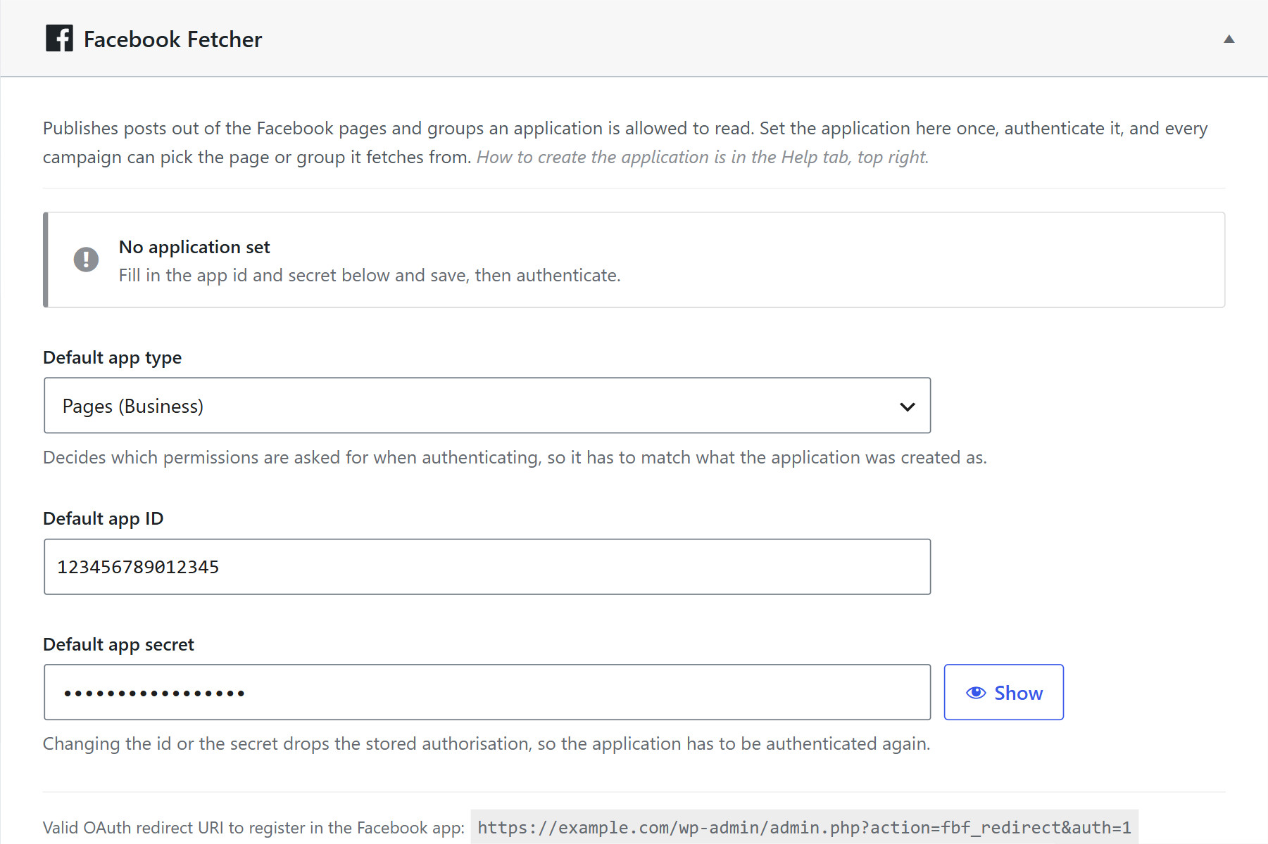 Facebook fetcher settings with the app type, app id, app secret and the oauth redirect uri