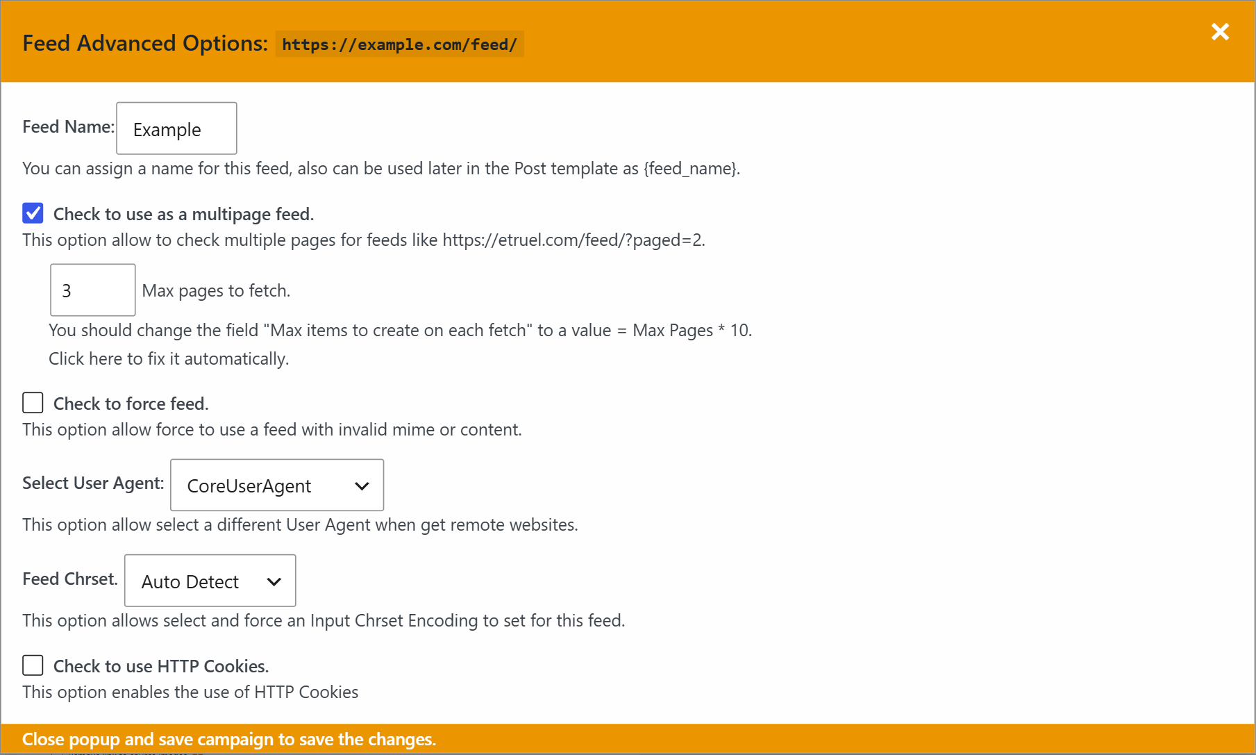 Feed advanced options window with the multipage feed option in a wpematico campaign