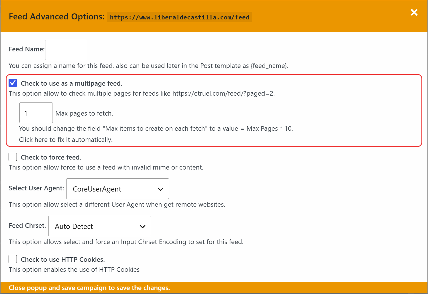 Multipage feed option in the advanced options of a feed