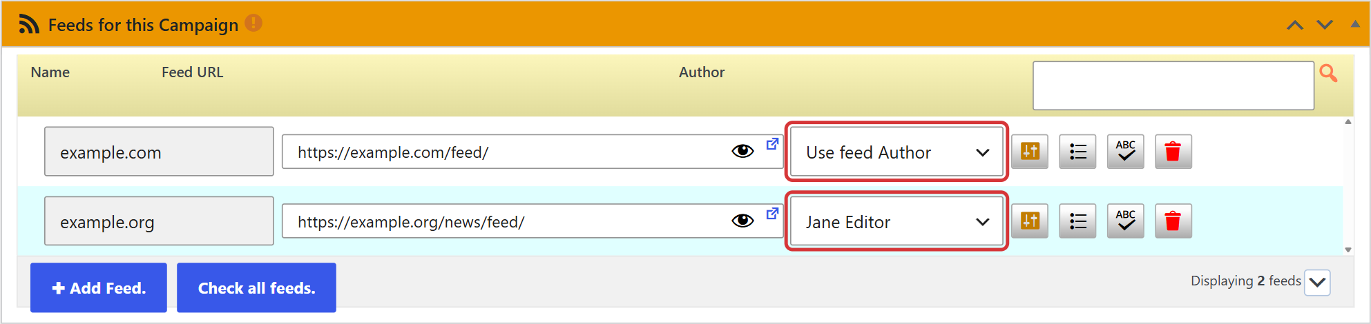 Author column in the feeds box of a wpematico campaign
