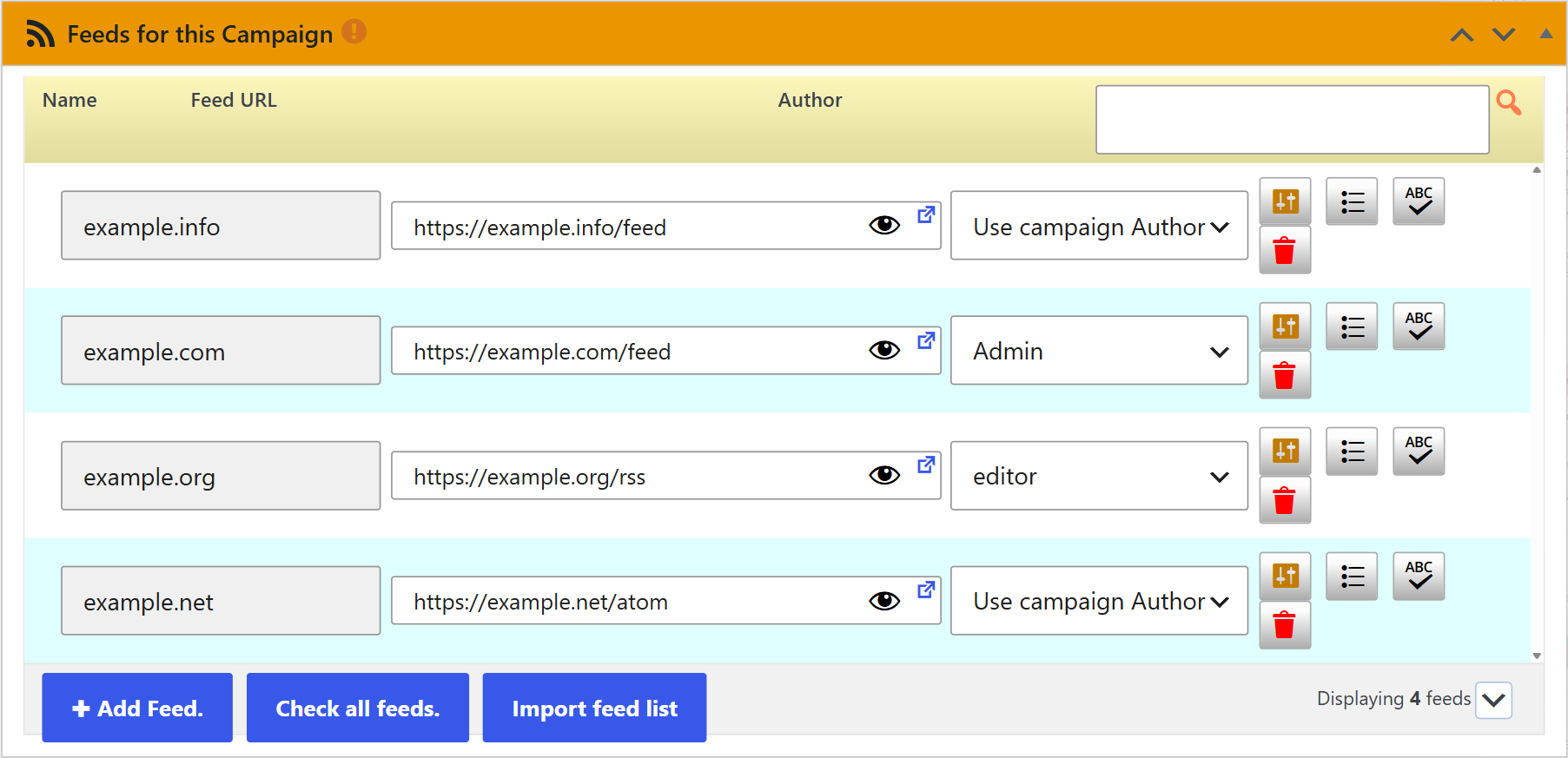 Feeds for this campaign box with the imported feeds and their authors