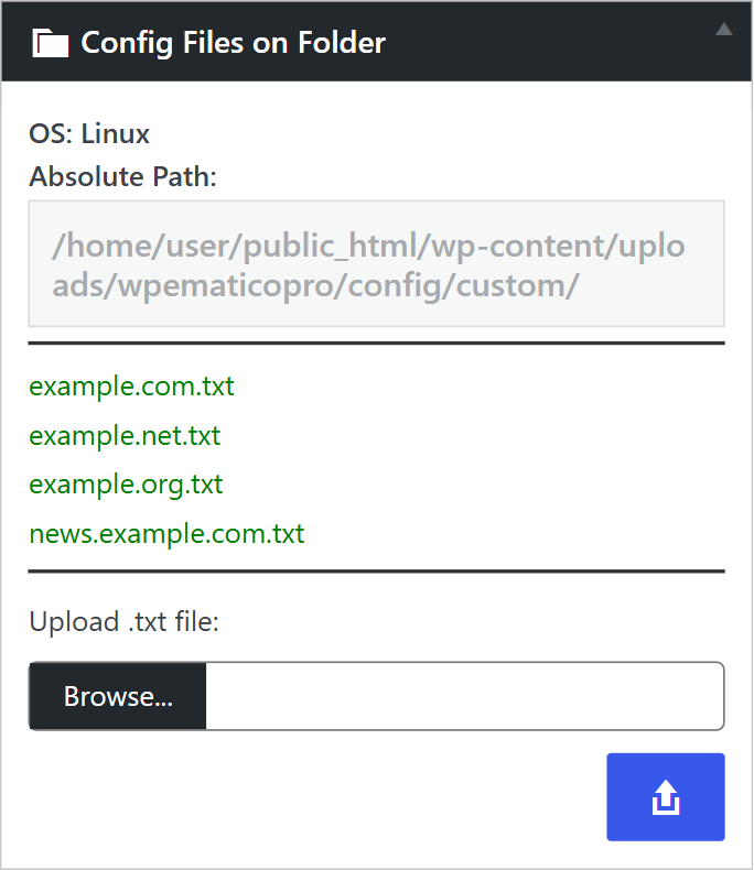Config files on folder box in the full content tab of wpematico tools