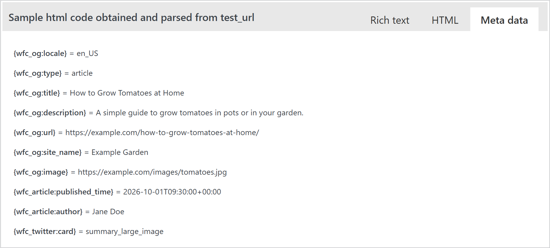 Meta data tab of the full content tool with the meta tags of an example page