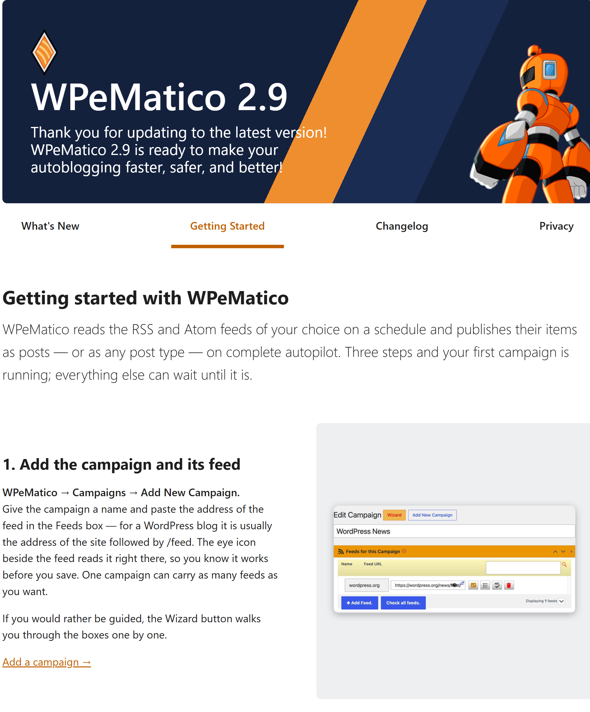 Getting started page of wpematico