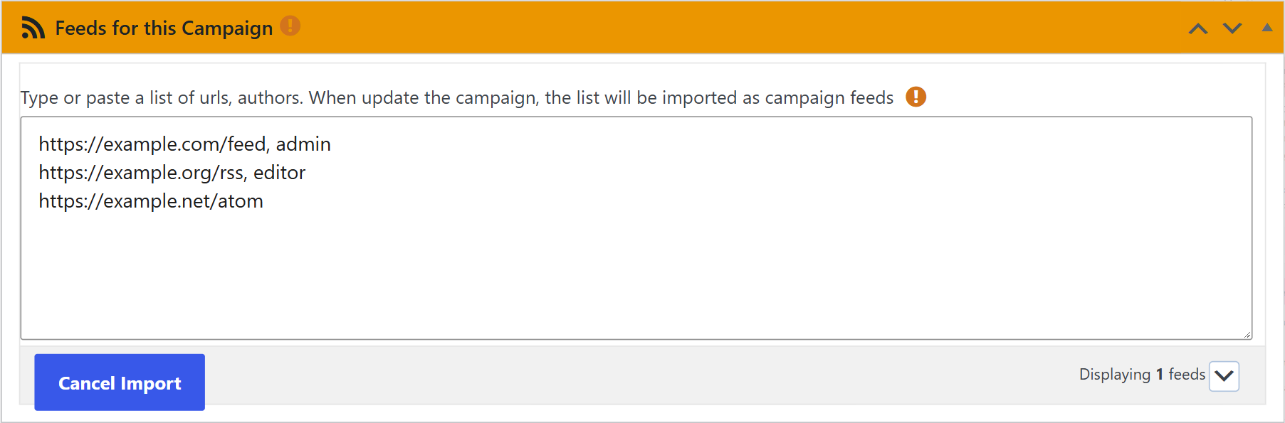 Import feed list field with a list of example feeds in a wpematico campaign
