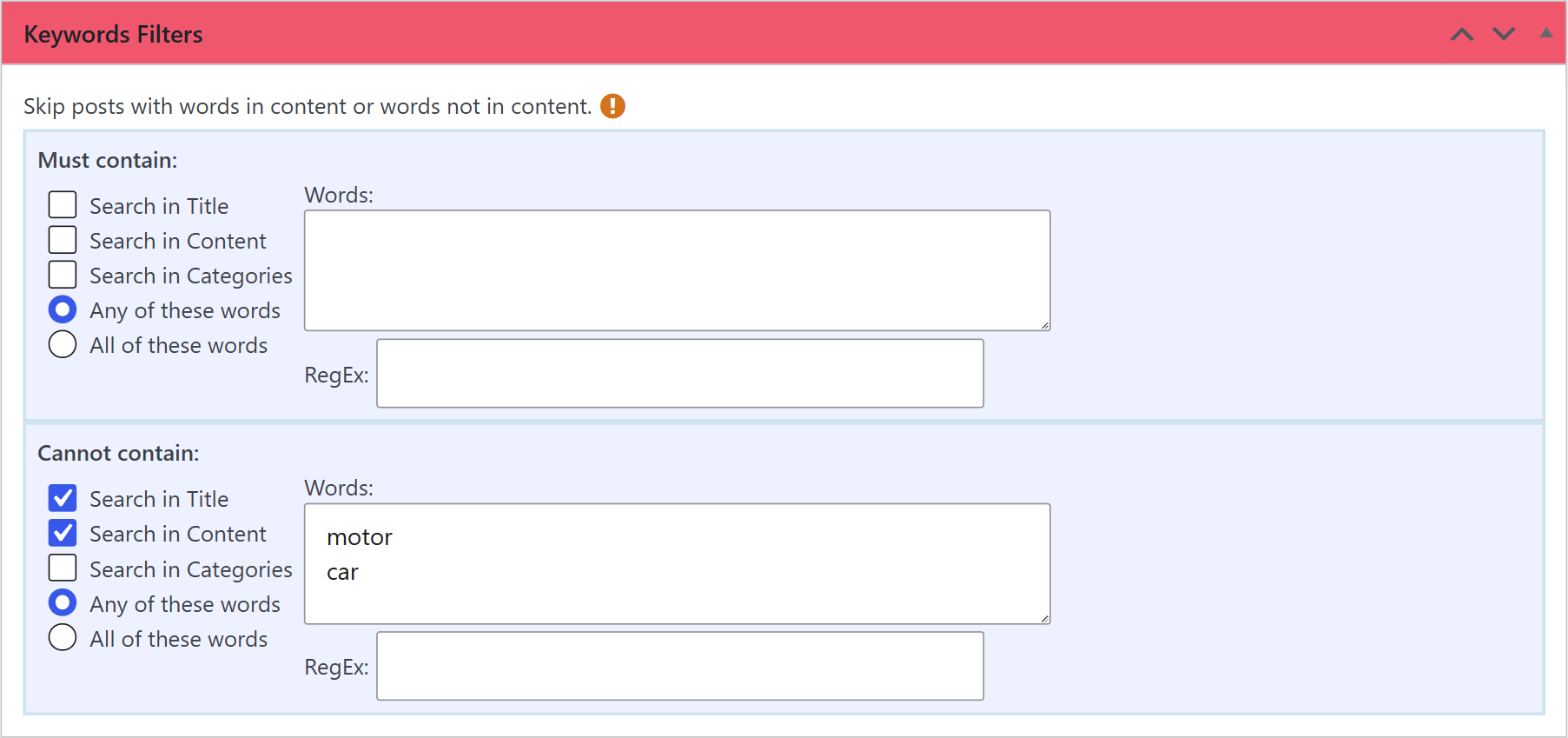 Keywords filters box with words to exclude in a wpematico campaign