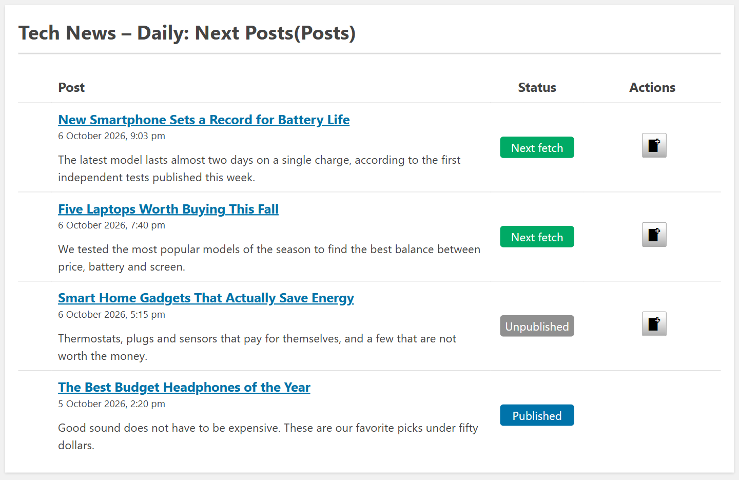 Campaign preview with next fetch, unpublished and published items and the fetch now buttons of manual fetching