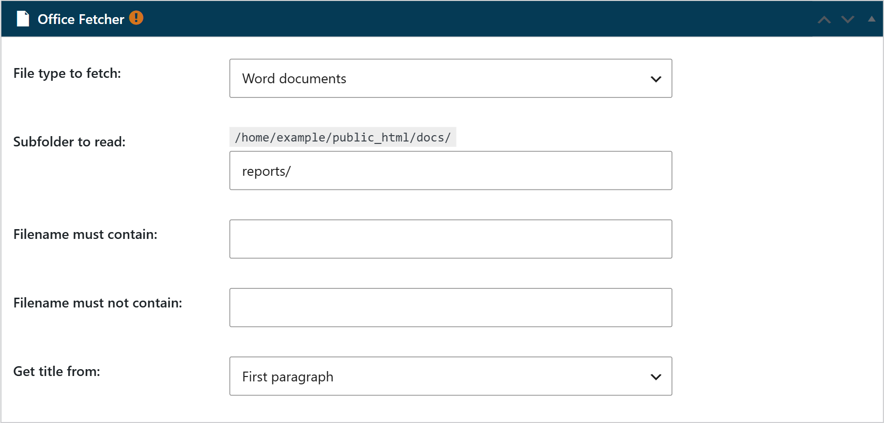 Office fetcher box in a wpematico campaign with the file type, subfolder and title options