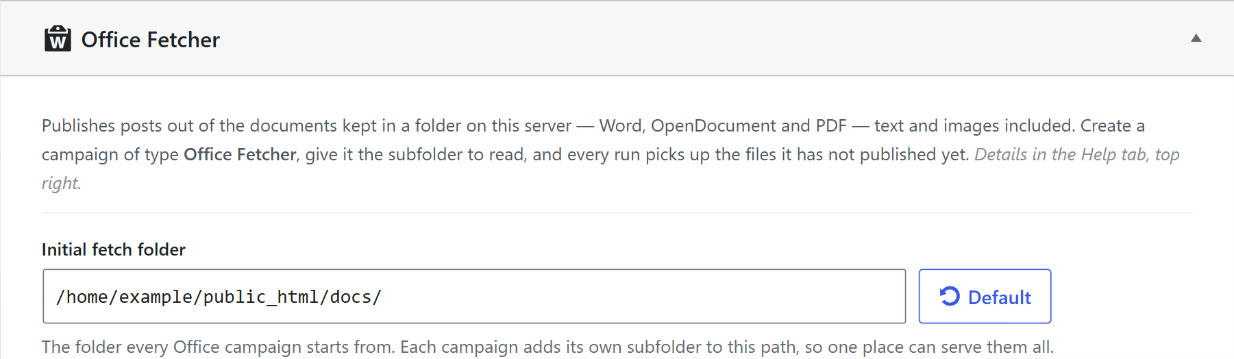 Office fetcher settings with the initial fetch folder in wpematico