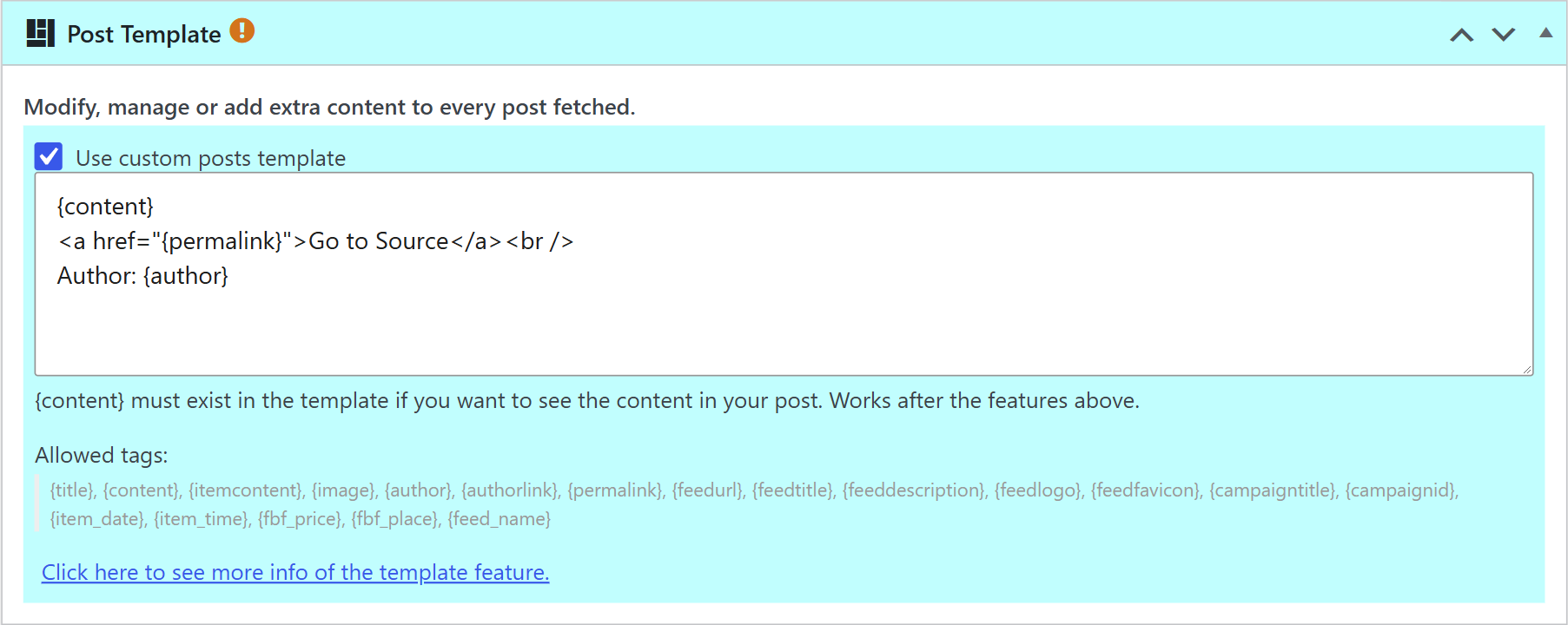Post template box with a template that adds a link to the source and the author