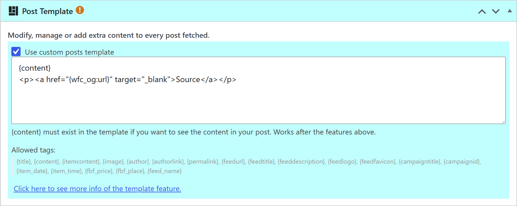 Post template box using a full content meta tag in a wpematico campaign