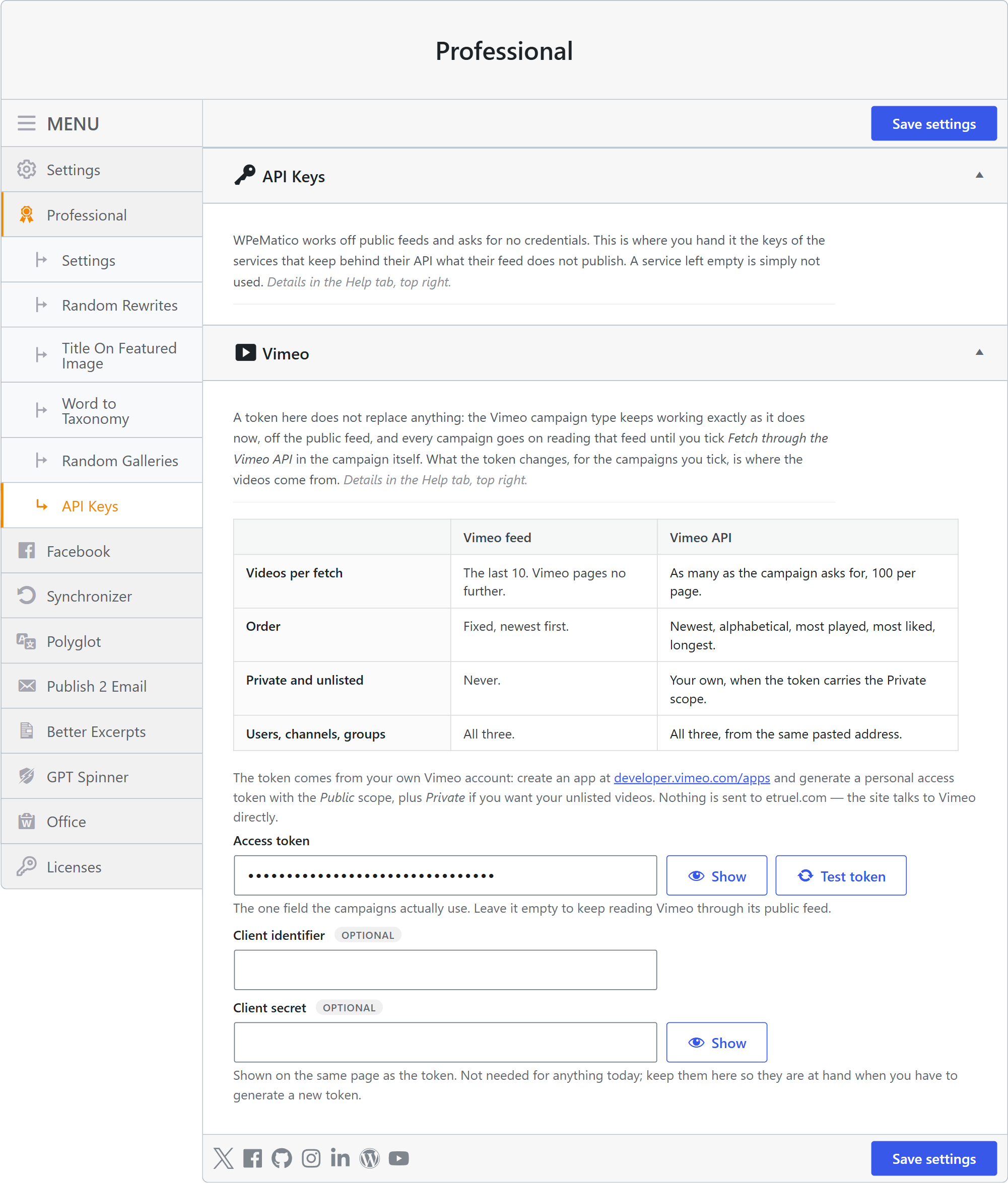 Api keys section of wpematico professional settings with the vimeo access token field and test token button