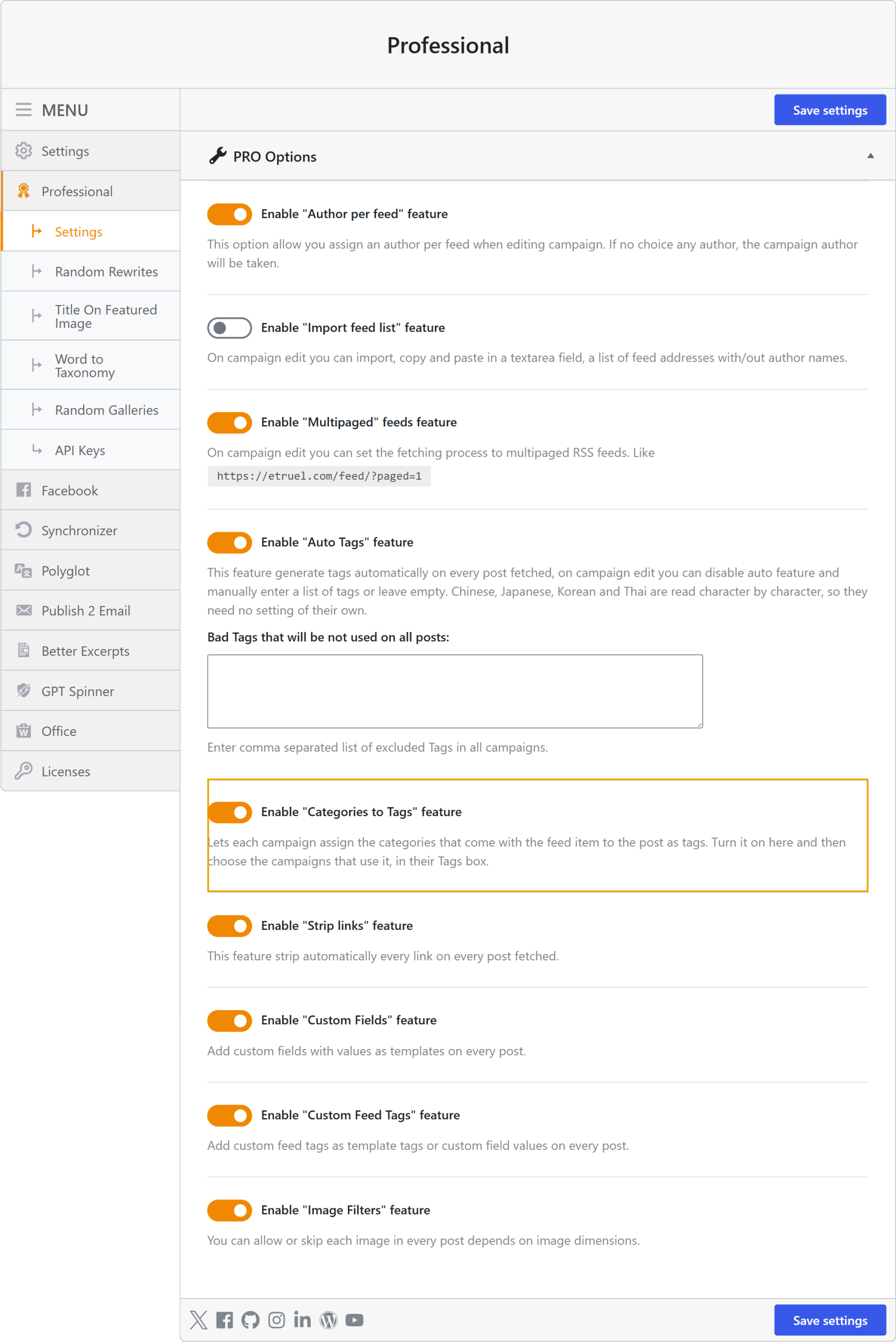Settings of wpematico professional with the enable categories to tags feature option turned on