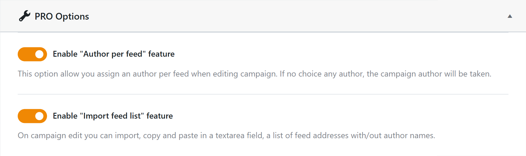 Author per feed and import feed list options in the wpematico professional settings