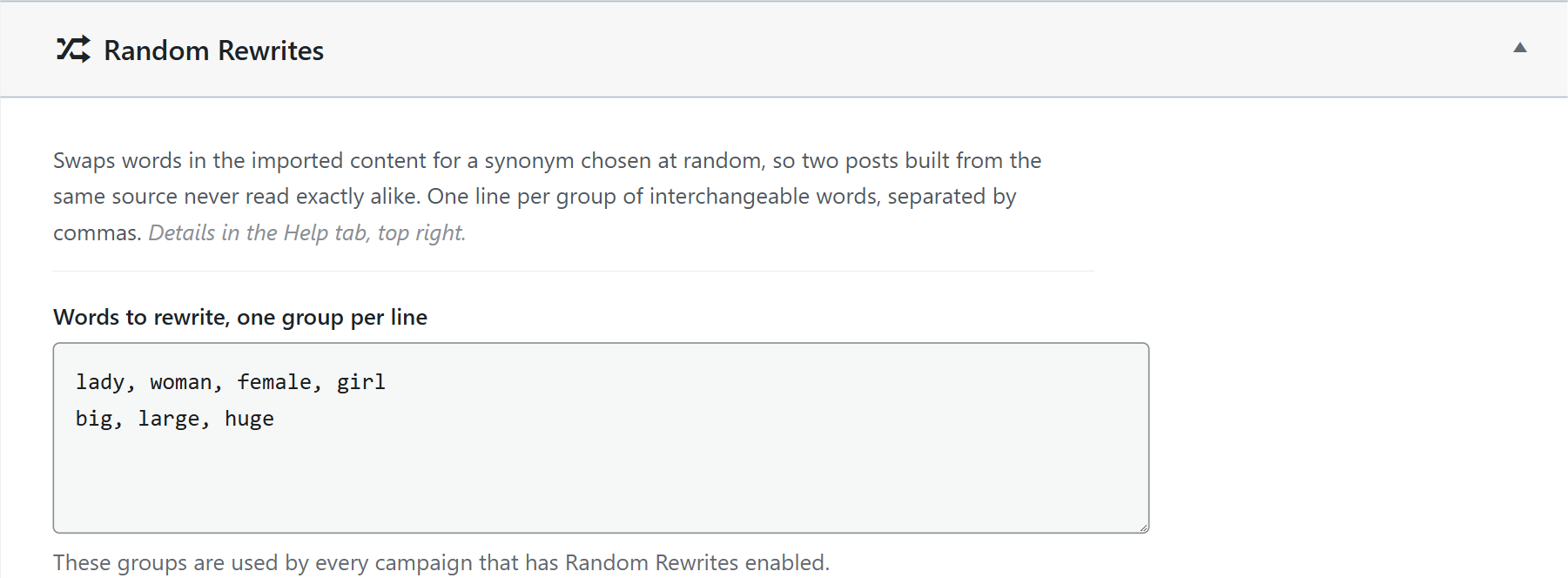 Random rewrites groups of words in the wpematico professional settings