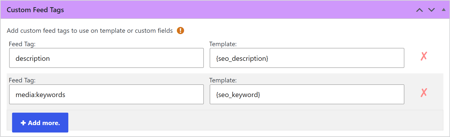 Custom feed tags box that reads tags of the feed into template variables