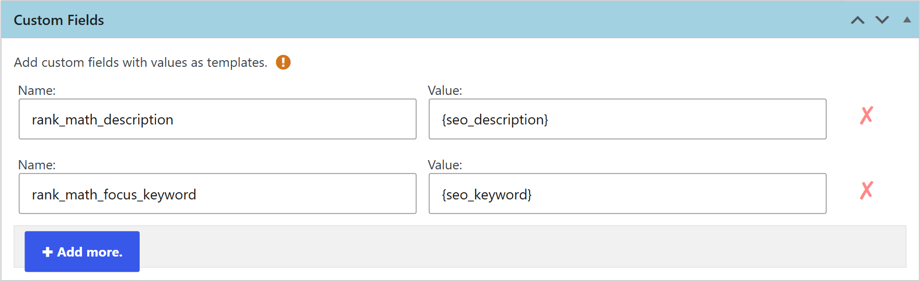 Custom fields box that saves the rank math description and focus keyword