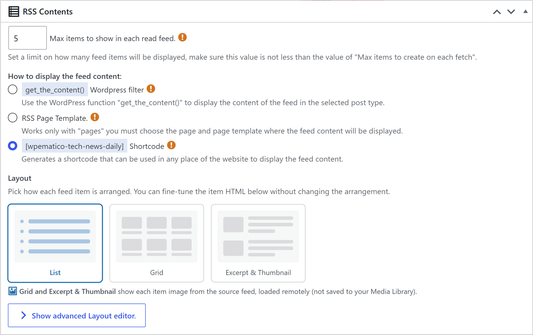 Rss contents box of wpematico rss feed reader with the display methods and the layout options