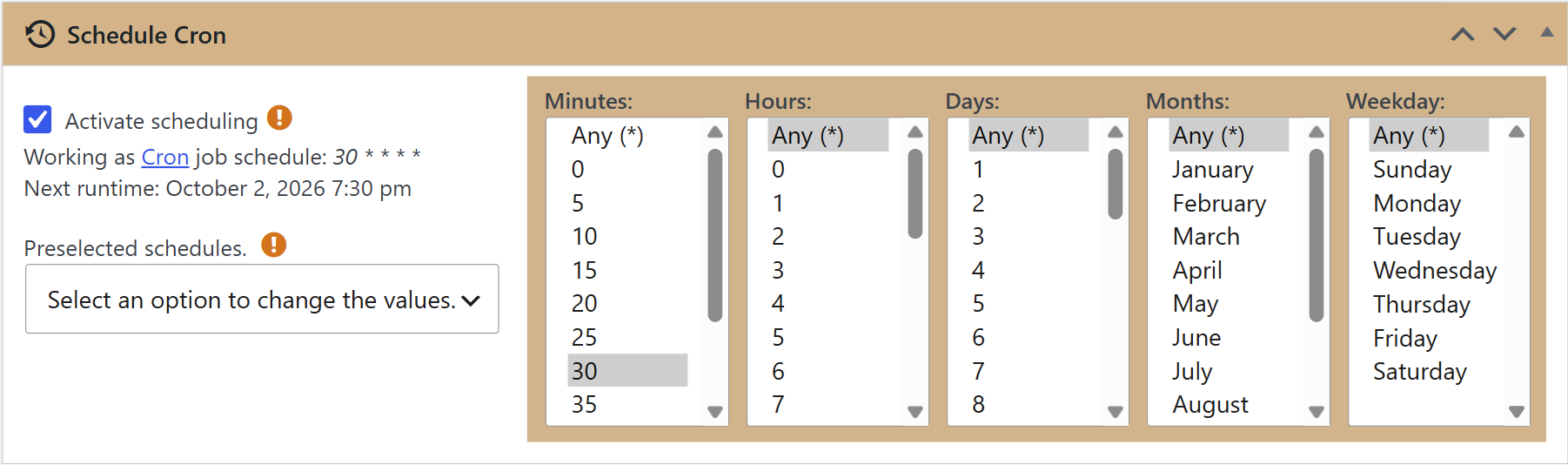 Schedule cron box set to run every hour at half past