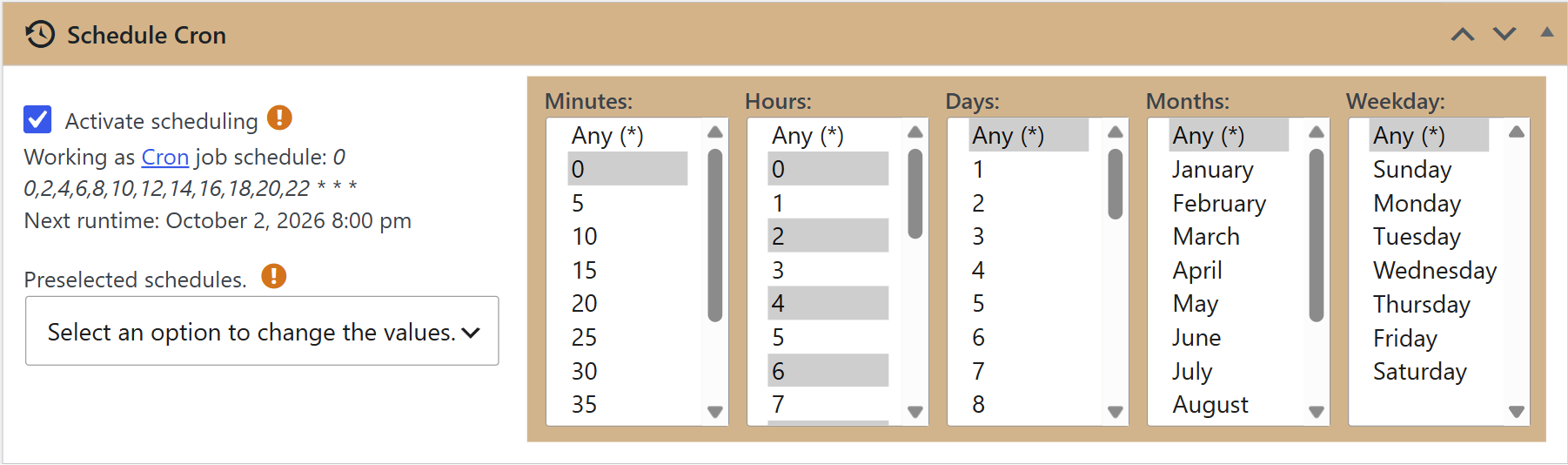 Schedule cron box set to run every two hours