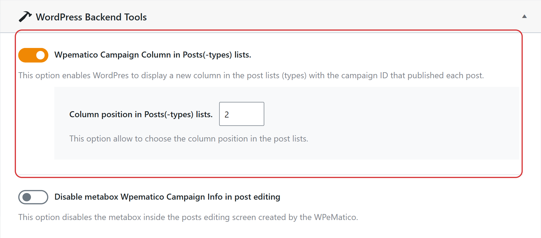 Campaign column options in the wpematico backend tools settings