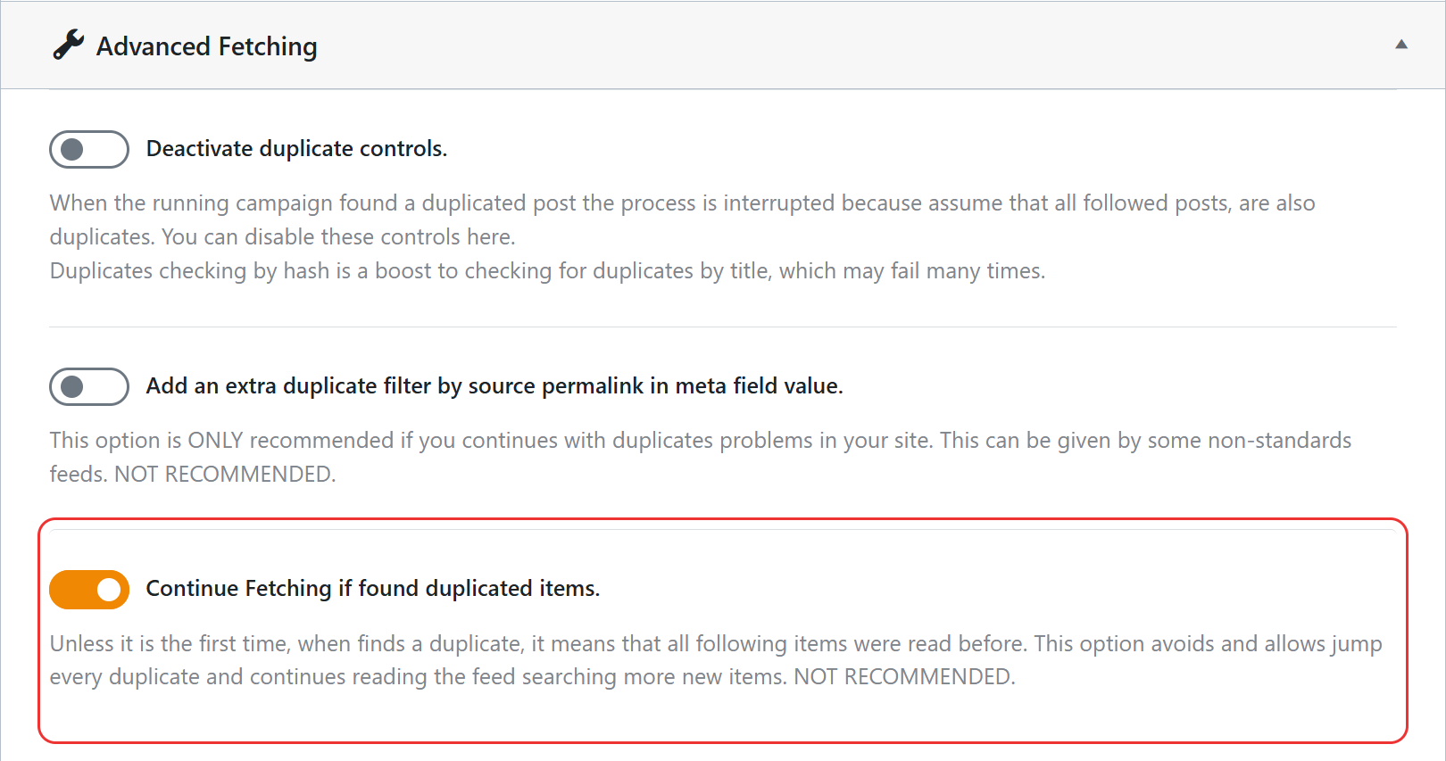 Continue fetching if found duplicated items option in wpematico settings