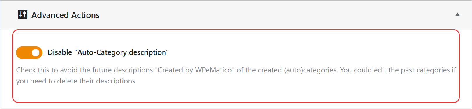 Disable auto-category description option in wpematico settings