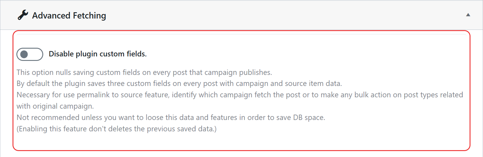 Disable plugin custom fields option in wpematico settings