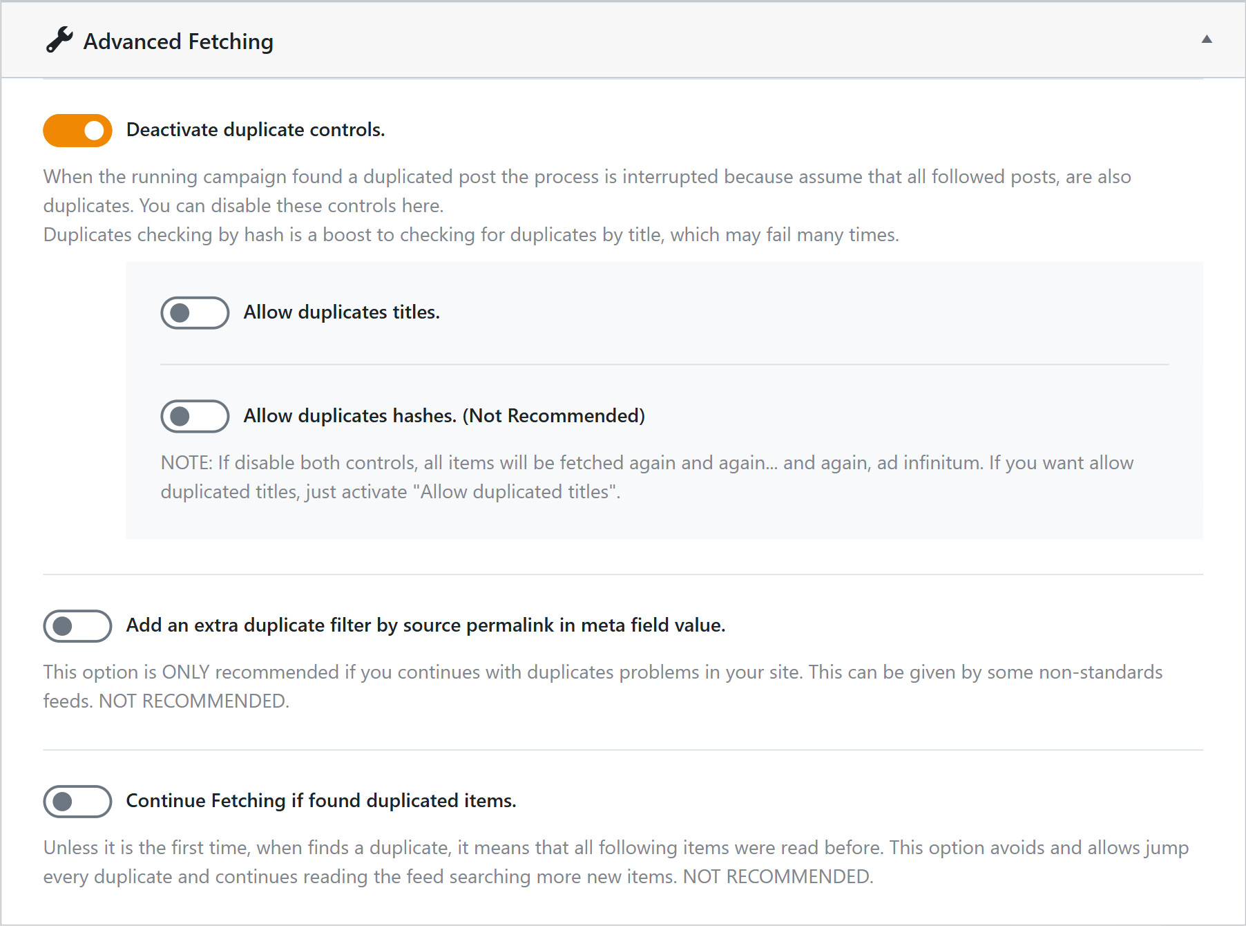 Duplicate controls in the advanced fetching box of the wpematico settings