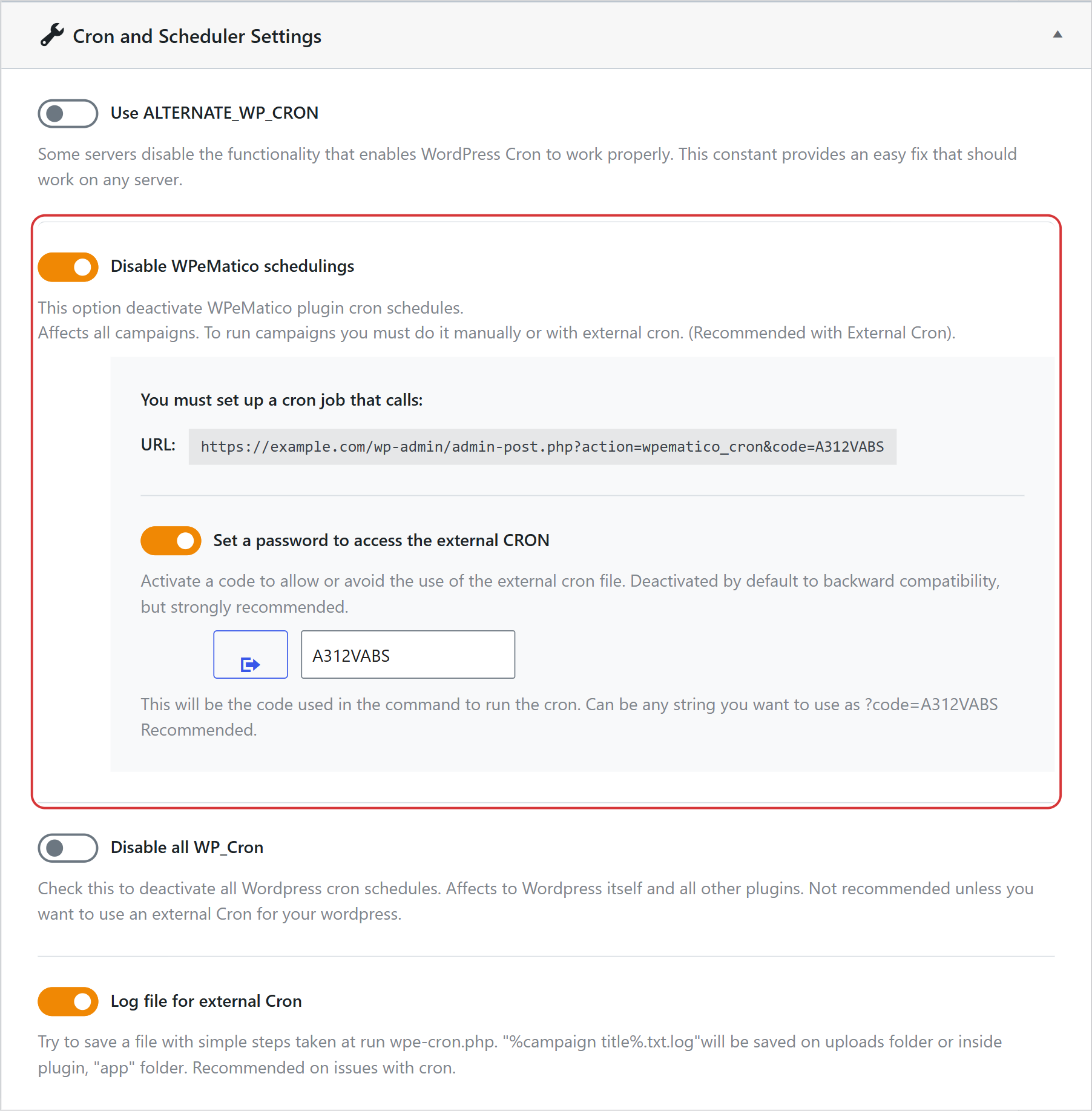 Cron and scheduler settings with the external cron url in wpematico