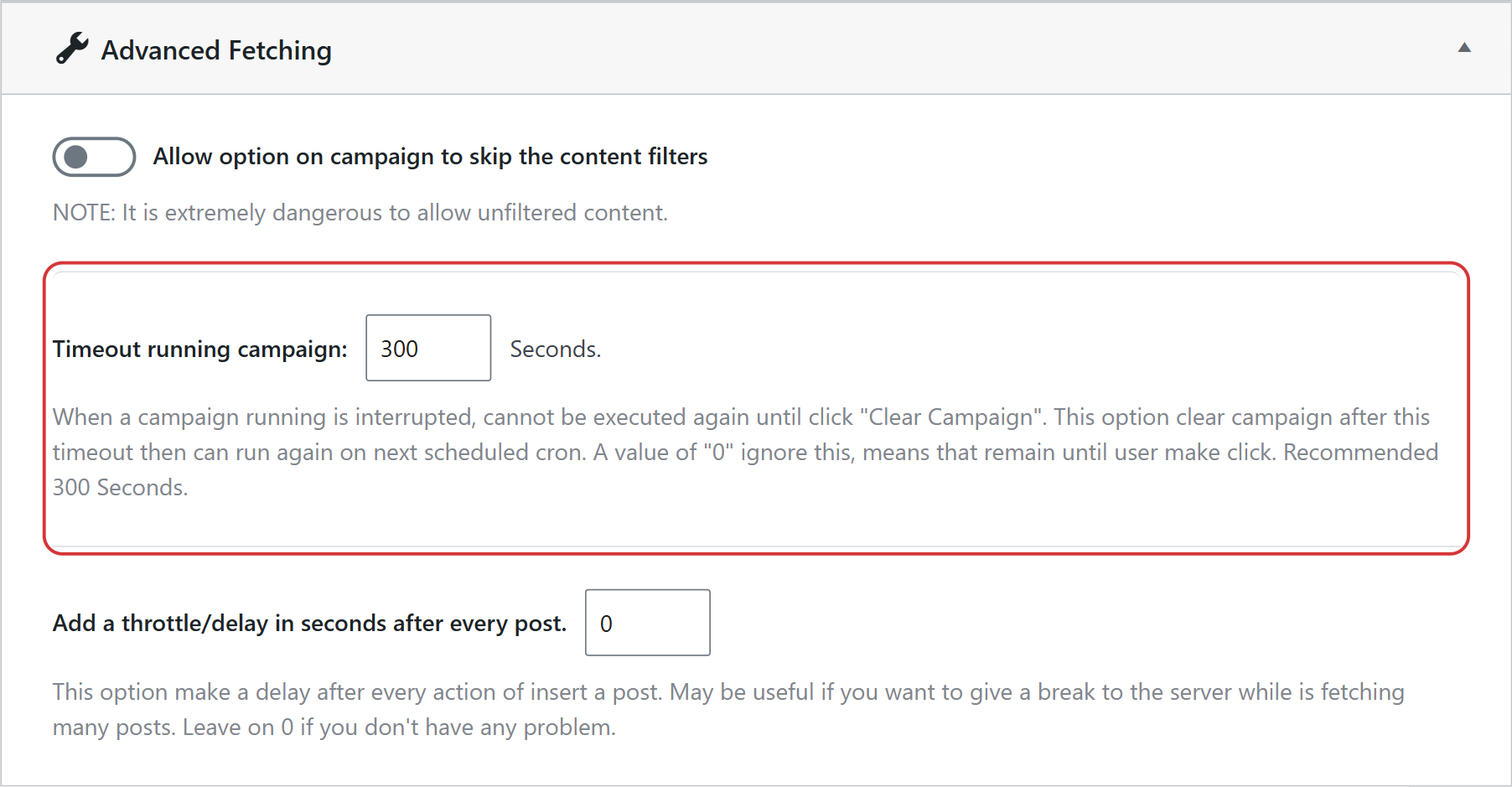Timeout running campaign option in the wpematico settings