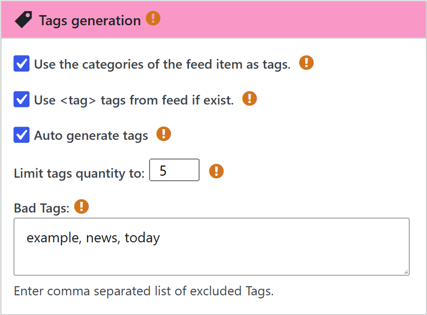 Tags generation box with auto generate tags in a wpematico campaign