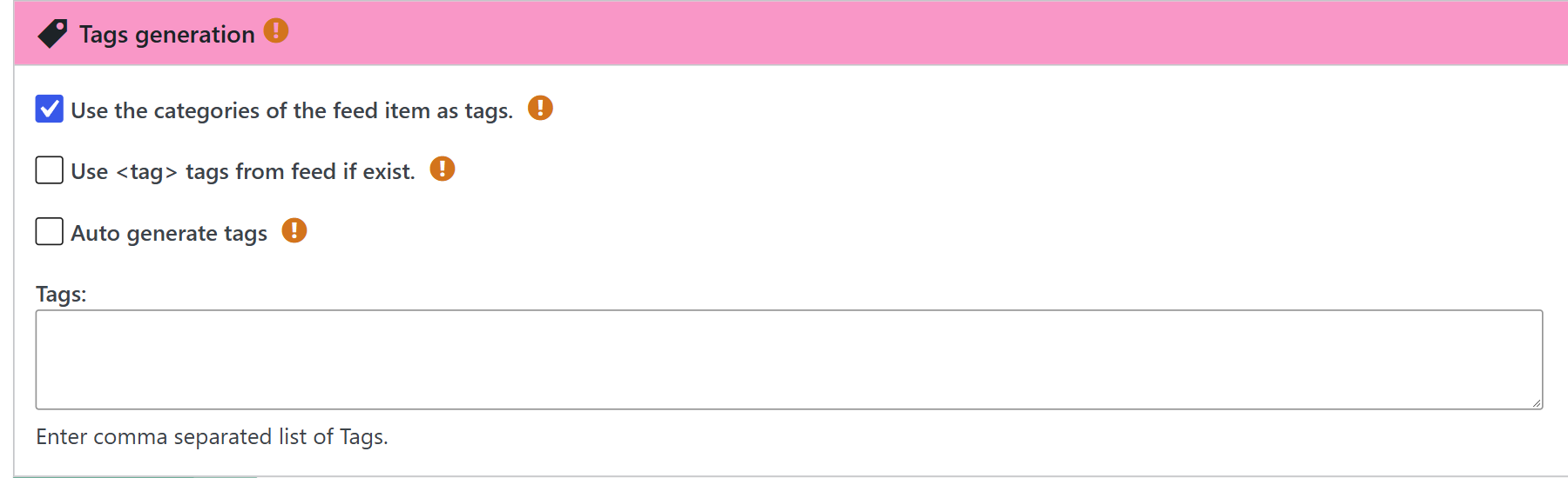 Tags generation box of a wpematico campaign with use the categories of the feed item as tags checked