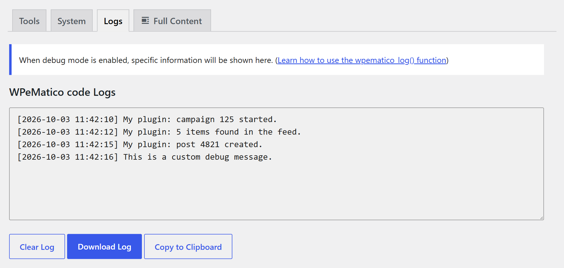 Logs tab with the wpematico code logs
