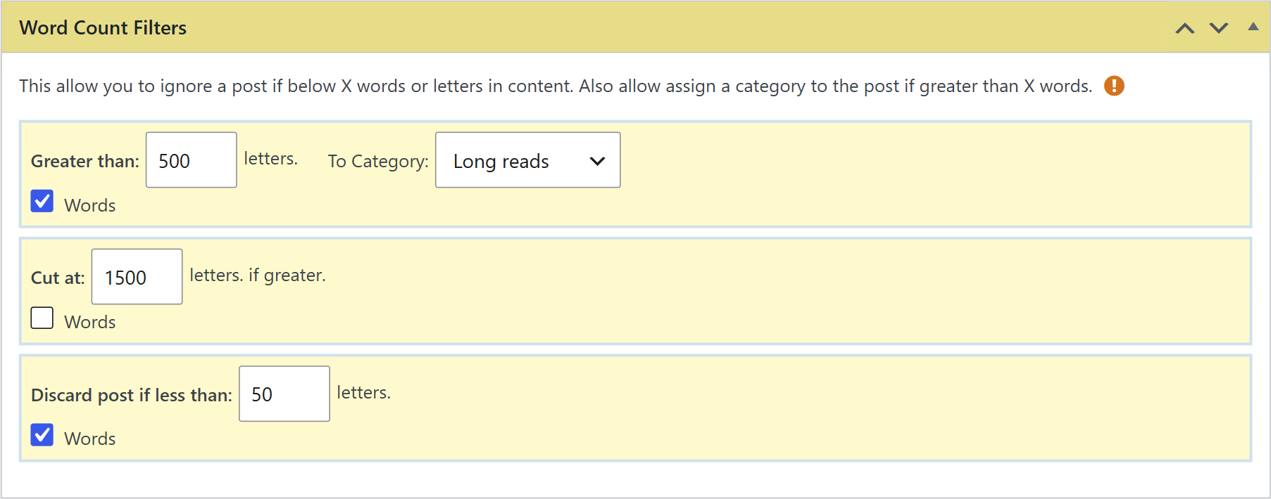 Word count filters box in a wpematico campaign