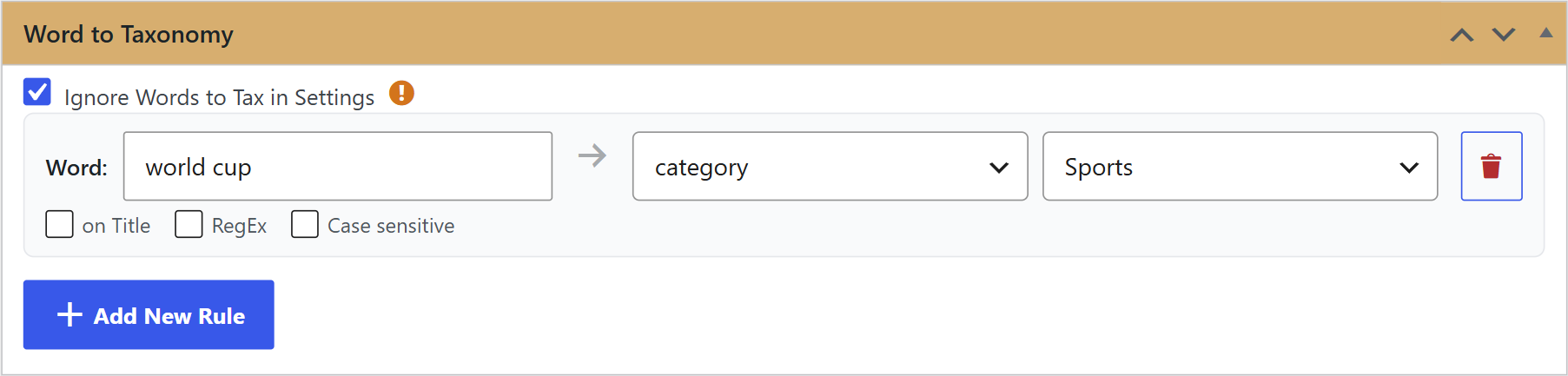 Word to taxonomy box in a wpematico campaign with its own rule